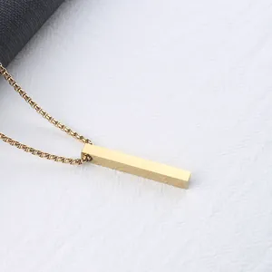 Polished gold rectangular bar pendant necklace with a classic stainless steel box chain