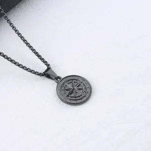Matte black stainless steel compass pendant necklace with box chain for men