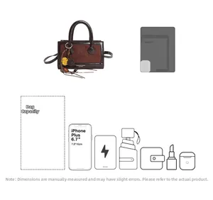 Vue détaillée de la capacité du sac bandoulière marron avec icônes d'objets du quotidien