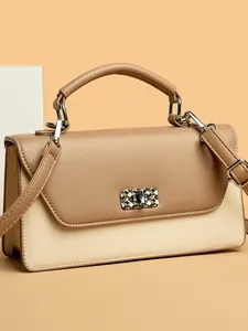 Elegant PU Leather Baguette Bag For Women Fashion Solid Color Patchwork Handbag Minimalist Shoulder Crossbody Bag With Metal Lock Office Daily Travel