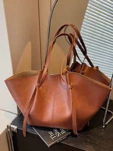 Sac Fourre-Tout Vintage pour Femmes Grande Capacité en Forme d'Aile Cuir PU Sac à Épaule Couleur Unie Sac Quotidien Minimaliste