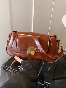 Damen Vintage PU Leder Unterarmtasche Französischer Stil Baguette Schultertasche Mit Geometrischer Goldschnalle Casual Handtasche