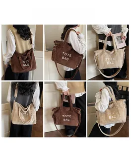 Detailed views of corduroy tote bags in brown and beige with large capacity design