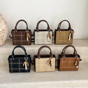 Women Retro Plaid Grid Handbag Minimalist PU Leather Crossbody Bag With Wood Bead Tassel Charm Square Shoulder Bag For Casual Commute