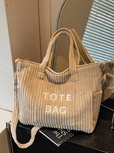 Women Corduroy Tote Bag Large Capacity Letter Embroidery Shoulder Crossbody Handbag Casual Commuting Retro Satchel Bag