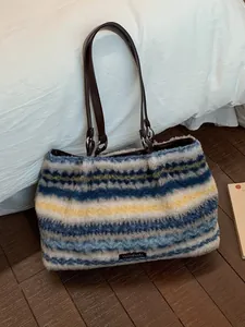 Women Plush Striped Tote Bag Large Capacity Faux Fur Shoulder Bag PU Leather Strap Commuting Underarm Handbag Soft Warm Bag
