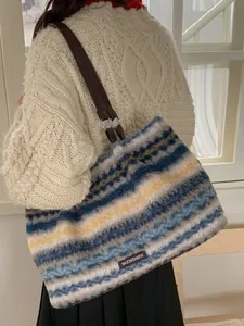 Striped plush tote bag for women with leather straps in a soft minimalist style