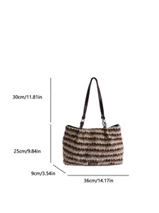 Striped plush tote bag with leather handles in brown and blue, dimensions 36x25x9cm