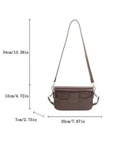 Minimalist dark brown glossy faux leather baguette bag with silver hardware and dimensions