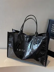 Grand Sac Fourre-tout en PVC Brillant pour Femmes Imprimé Lettres Rétro Sac à Bandoulière Étanche Mode Décontractée