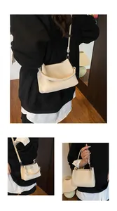 Vues détaillées du sac seau beige à motif litchi montré dans divers styles de port
