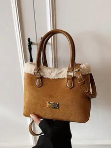 Borsa a Secchiello Vintage a Quadri da Donna Autunno Inverno con Finta Pelliccia di Agnello Patchwork Look Scamosciato Tracolla