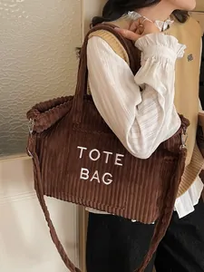 Brown corduroy tote bag with TOTE BAG embroidery, large capacity shoulder and crossbody bag