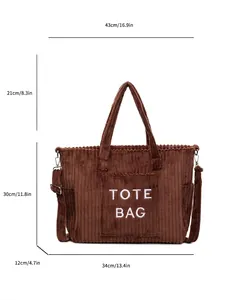 Brown corduroy tote bag size guide with measurements and adjustable shoulder strap details
