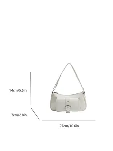 Chic cream white crescent baguette bag with silver buckle and dimensions shown