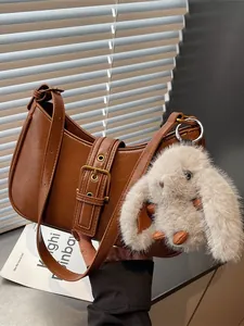 Minimalist Underarm Bag For Women Retro PU Leather Baguette Bag With Metal Buckle And Optional Plush Rabbit Pendant