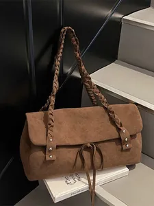 Borsa Tote Minimalista in Velluto Effetto Scamosciato per Donna Borsa a Tracolla Retrò con Manico Intrecciato e Fiocco