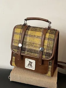 Sac à Dos Femme Vintage Plaid Sac à Main en Cuir PU Épissage Patch Petit Ours Sac Bandoulière Style Coréen Sac Tote