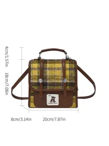 Sac à dos à carreaux marron et jaune pour femme avec dimensions et patch ours