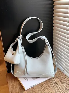 Sac Hobo Femme en Cuir PU Grainé Forme Demi-Lune Sac Baguette Avec Petite Pochette Bandoulière Réglable Sac à Main Mode