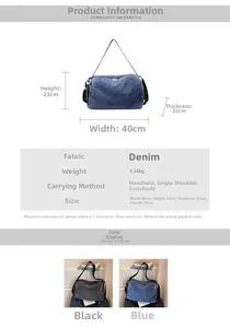 Detailed size specifications and color comparison of the denim tote bag with dimensions