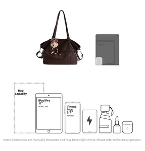 Detail view of large brown tote bag interior capacity showing fits for 11-inch iPad and phone