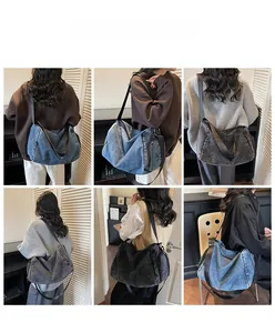 Collage of model wearing denim tote bags in navy and grey with stitched star details