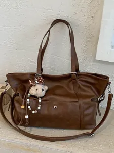Women Retro Large Capacity PU Leather Tote Bag Minimalist Sophisticated Commuter Shoulder Bag With Plush Bear Charm For Daily Work