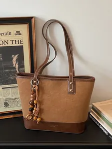 Women's Vintage PU Leather Tote Bag Commuter Shoulder Bag Large Capacity Handbag With Wood Bead Tassel Charm