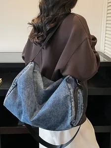 Large capacity vintage washed denim tote bag with star stitching and adjustable strap