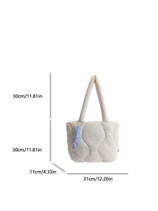 Quilted cream tote bag with blue bow charm, size 31x30cm, minimalist commuter style shoulder bag