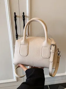 Sac Boston Femme en Cuir PU Motif Litchi Minimaliste Sac à Main Bandoulière Rétro Fermeture Éclair Petit Sac Cabas Quotidien