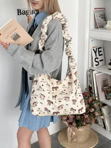 Off-white large capacity tote bag with cartoon horse print and ruffled scrunchie strap