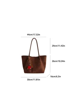 Brown faux suede tote bag dimensions showing width, height and handle drop measurements