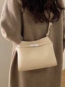 Sac Bandoulière Vintage en Cuir PU Motif Litchi pour Femmes Sac Seau Grande Capacité Avec Fermoir à Tourniquet en Métal Rétro