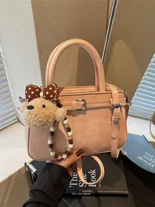 Women's Korean Style PU Leather Bucket Bag Minimalist Crossbody Shoulder Bag With Bear Plush Charm Handbag For Daily Shopping