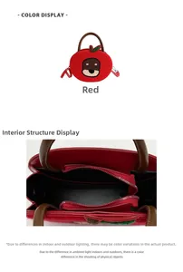 Detail showing the red plush circular bag with dog embroidery and internal zip pocket