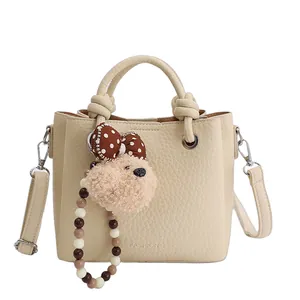 Women Fashion Litchi Texture PU Leather Bucket Bag Minimalist Retro Tote Bag With Bear Pendant Handheld Crossbody Bag For Daily