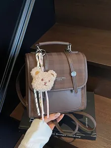 Women Plaid Patchwork PU Leather Mini Backpack Multi-Functional Shoulder Bag With Bear Charm Fashion Commute Tote For Ladies