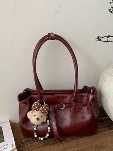Women Sophisticated Vintage PU Leather Tote Bag Retro Minimalist Shoulder Bag With Bear Pendant Large Capacity Commuting Handbag