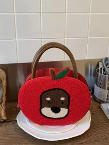 Creative Red Apple Shaped Plush Handbag For Women Cute Cartoon Dog Embroidery Shoulder Crossbody Bag With PU Handle Leaf Decor
