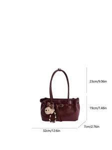 Minimalist burgundy faux leather tote bag for women with bear charm and size dimensions