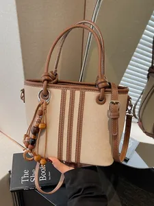 Fashion Women PU Leather Bucket Bag Stitching Detail Tote With Wooden Bead Charm Crossbody Shoulder Handbag Daily Office