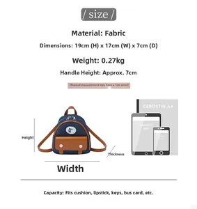 Size chart showing mini backpack dimensions and capacity with item comparison