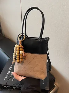 Women Retro Patchwork Suede Bucket Bag Contrast Color Diamond Quilted Crossbody Bag With Wooden Bead Charm Small Handbag
