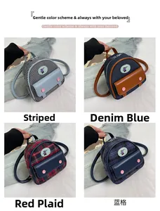 Detailed grid showing mini canvas backpacks in stripe, denim, and plaid with bear patch