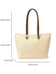 Minimalist beige tote bag dimensions: 41cm width, 27cm height with 26cm handle drop