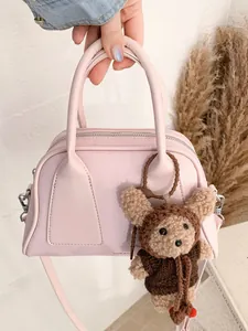 Damen Einfache PU-Leder Handtasche Boston Bag Mit Plüschbär-Anhänger Minimalistische Reißverschluss Umhängetasche Für Den Täglichen Gebrauch