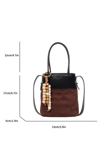 Retro patchwork bucket bag with wooden beads and dimensions in inches and cm