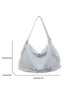 Light blue large capacity faux leather tote bag with stylish buckle and pleated design